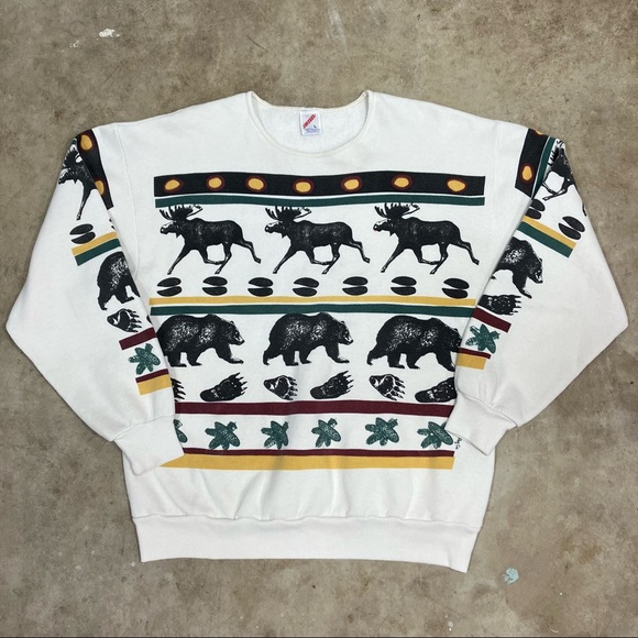 Michigan Rag Co. VTG 80s Bear and Moose Print Sweatshirt Crewneck Sz Large USA - Picture 1 of 11